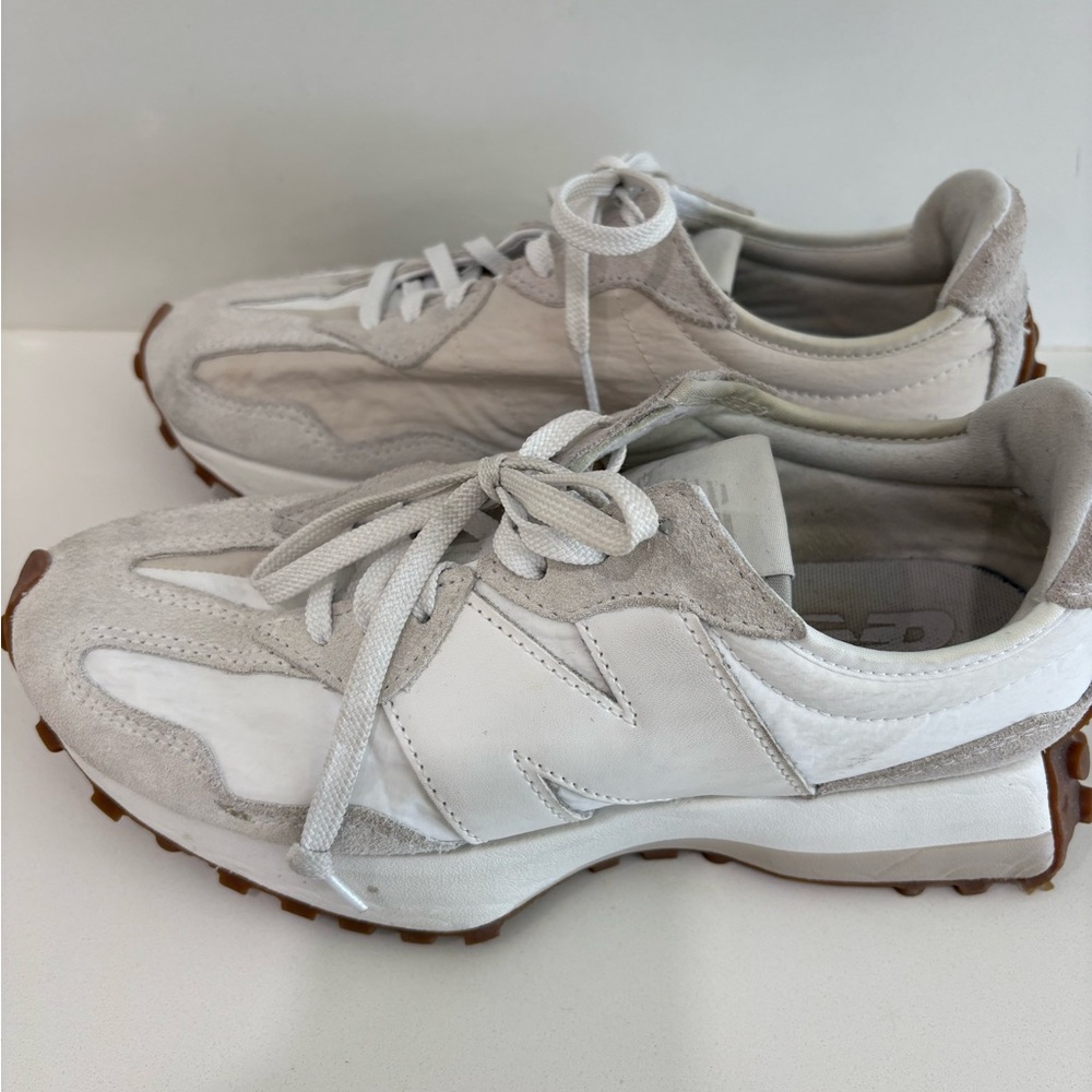 New Balance Women’s Athletic Sneakers in White and Light Gray with Gum Sole